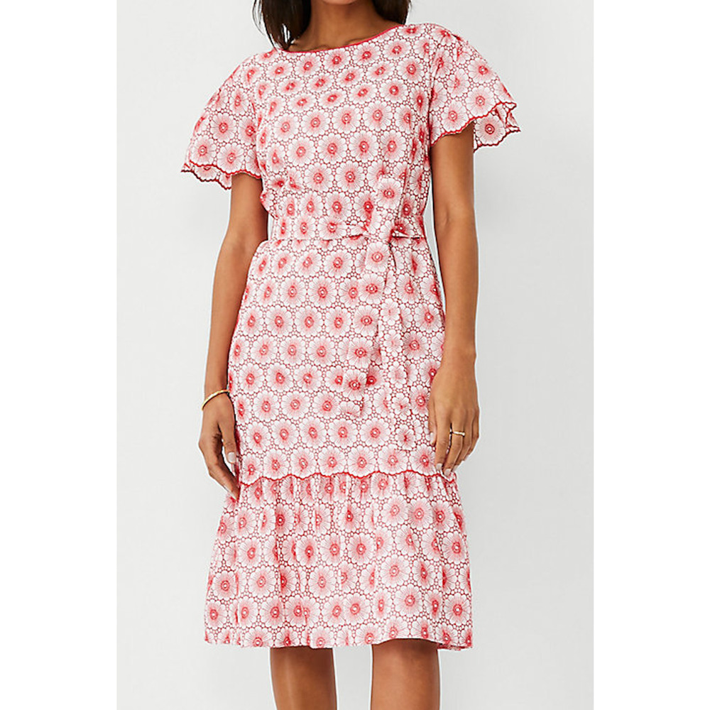 NEW ANN TAYLOR HIBISCUS PETITE EYELET TIE WAIST EMBROIDERED SHIFT DRESS XXS XXSP - Picture 3 of 8